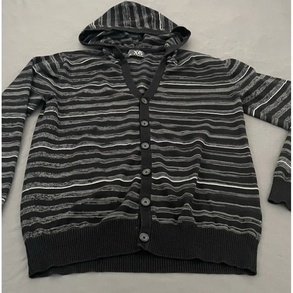 XG‎ Premium Quality V-Neck Button Up Hooded Black Mens Sweater Size Medium